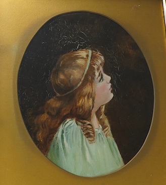 Early 20th century, oil on board, Portrait of a young girl, unsigned, oval 27 x 22cm, ornate gilt frame. Condition - fair, craquelure throughout